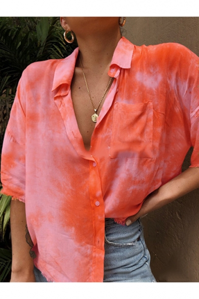 Hot Popular Tie-dye Print Short Sleeve Lapel Collar Button Down Leisure Shirt
