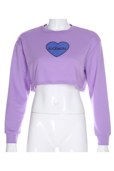 Purple Long Sleeve Round Neck NOCKMORE Letter Heart Printed Cropped T Shirt