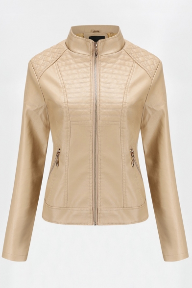 Hot Street Style Solid Plain High Neck Long Sleeve Zip Front Cropped PU Motorcycle Jacket