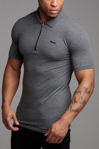 Hot Stylish Mens Short Sleeve Half-Zip Collar Letter Logo Cotton Slim Fit Polo T Shirt