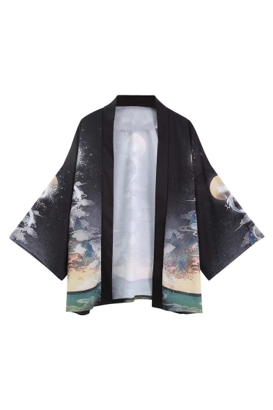 Japanese Style Dragon Ukiyo-e Printed Half Sleeve Loose Casual Open Front Kimono Blouse