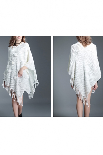 Ladies Fashion Plain Lint Tassel Hem Ribbed Knit Cape Sweater
