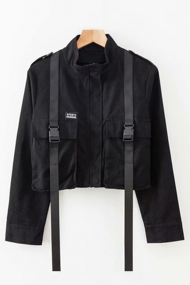 Leisure Stand Up Collar Double Black Push Buckle Pockets Solid Color Cropped Cargo Jacket Coat