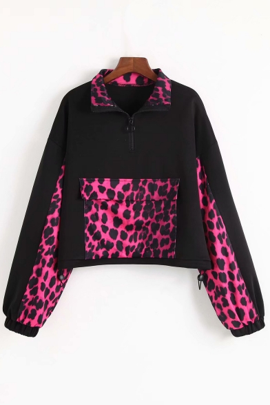 Leopard Panel Lapel Collar Half-Zip Closure Big Flap Pocket Black Track Jacket