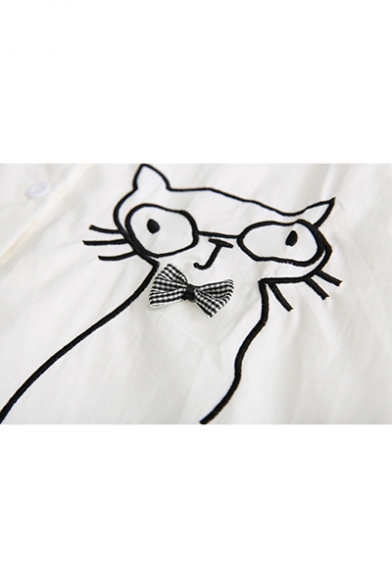 Long Sleeve Stand Collar Striped Patch Bow Cat Printed Sweet Womens Casual Loose Shirt