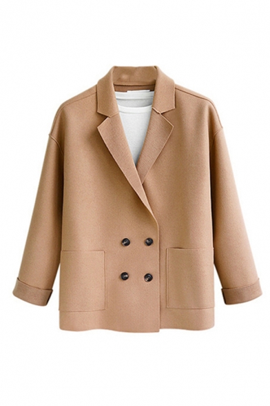 Loose Plain Notched Lapel Collar Big Pocket Double-Breasted Long Sleeve Jacket Coat