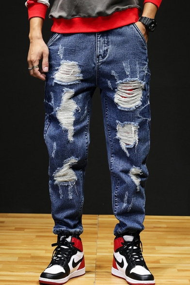 Men's Cool Fashion Distressed Blue Regular Fit Trendy Frayed Ripped Jeans