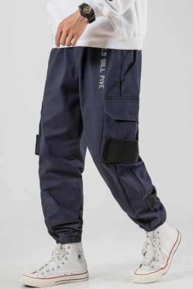 Men's New Fashion Colorblock Letter Printed Loose Fit Elastic Cuffs Casual Sports Cargo Pants with Side Pockets