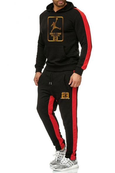 Men's New Fashion Colorblock Patched Side Letter 23 Figure Printed Long Sleeve Hoodie Sports Sweatpants Casual Two-Piece Set