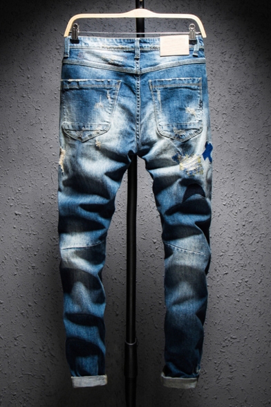 Men's New Fashion Colored Printed Embroidery Detail Blue Regular Fit Ripped Jeans