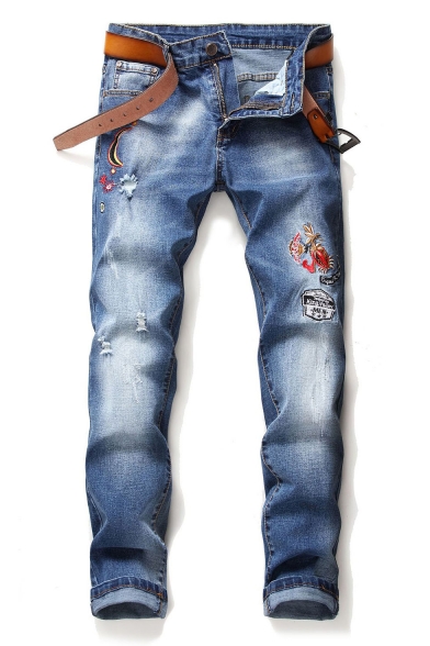 Men's New Fashion Embroidered Blue Stretched Slim Fit Acid Wash Jeans