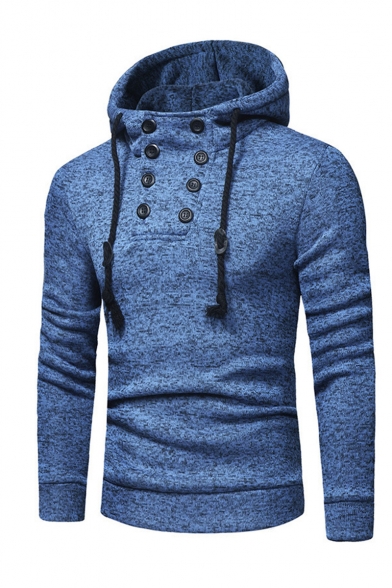Men's New Fashion Simple Plain Button Embellished Slim Fit Hooded Drawstring Hoodie