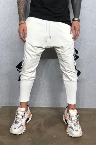 Men's New Fashion Simple Plain Ribbon Embellished Drawstring Waist Hip Pop Pencil Pants with Side Pockets