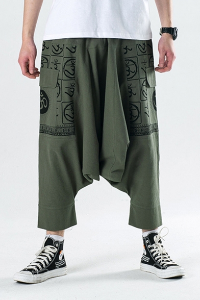 Men's New Fashion Unique Printed Loose Fit Casual Cropped Drop-Crotch Linen Harem Pants