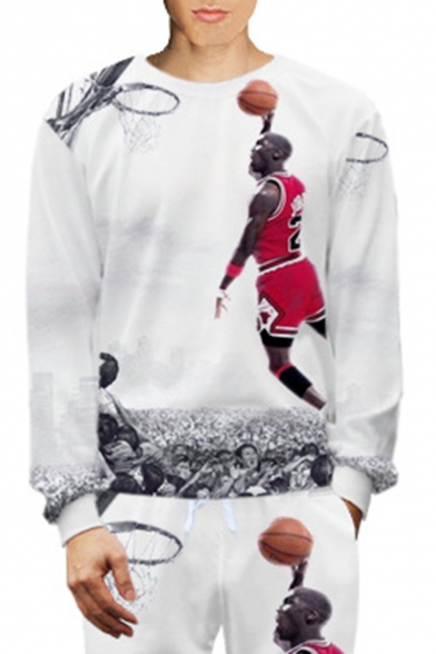 Men's Popular Fashion Basketball Famous Figure Printed Round Neck White Sweatshirt