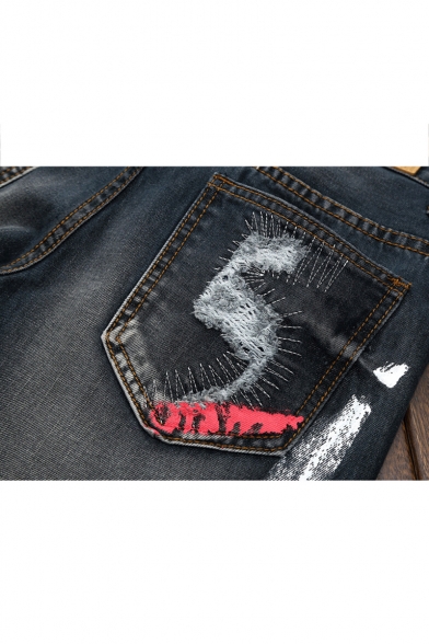 Men's Popular Fashion Colored Paint Painting Blue Trendy Frayed Ripped Jeans