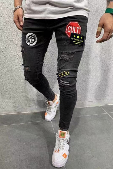 Men's Popular Fashion Letter Badge Embroidered Patch Skinny Ripped Jeans