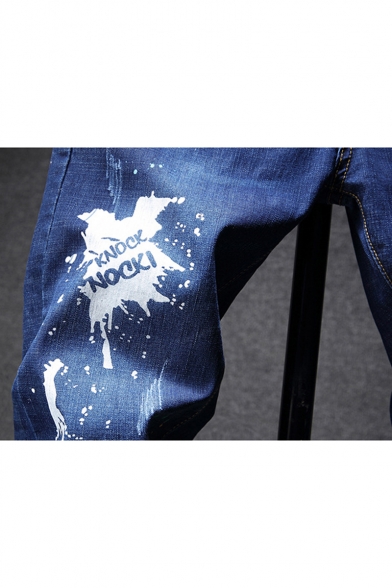 Men's Popular Fashion Splash Paint Letter Printed Dark Blue Regular Fit Casual Jeans