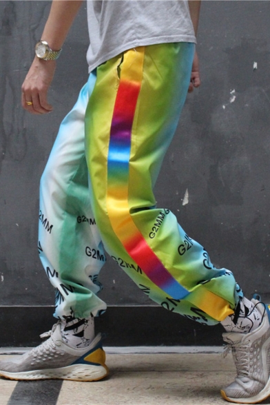 Men's Street Trendy Ombre Color Letter Printed Rainbow Tape Side Casual Drawstring Track Pants