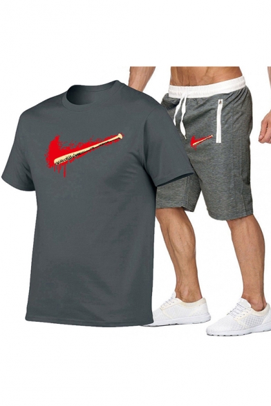 Mens Cool Blood Logo Printed Casual T-Shirt Loose Shorts Sport Two-Piece Set