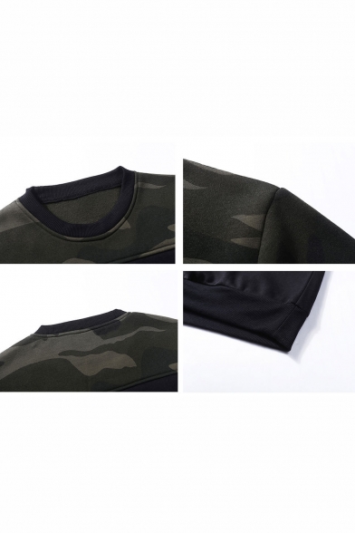Mens New Fashion Camouflage Patched Round Neck Long Sleeve Casual Trendy Pullover Sweatshirts