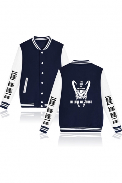 Mens New Fashion Letter Printed Rib Stand Collar Long Sleeve Button Down Unisex Baseball Jacket