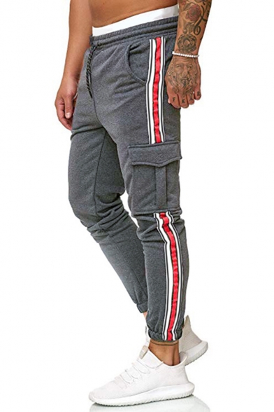 Mens New Fashion Popular Contrast Stripe Side Flap Pocket Drawstring Waist Slim Fitted Sports Pants Fitness Pencil Pants