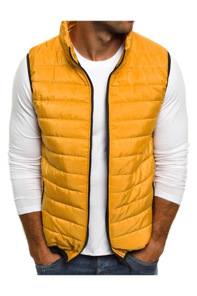 Mens Simple Plain Sleeveless Stand Collar Zip Placket Fitted Padded Vest Jacket