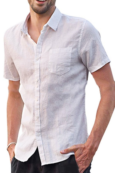 Mens Plain Short Sleeve Button Down Pocket Embellished Shirt