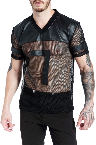 Mens Simple Letter Print Short Sleeve Button V-Neck PU Patch Mesh Fitted Sports Black T- Shirt