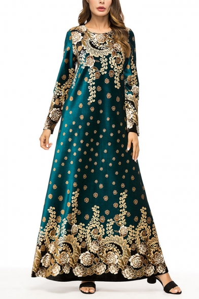 Moslem New Stylish Round Neck Long Sleeve Boutique Floral Print Dark Green Swing Maxi Dress