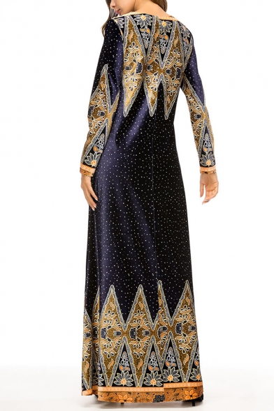 Moslem New Stylish Round Neck Long Sleeve Boutique Floral Tribal Print Swing Maxi Dress