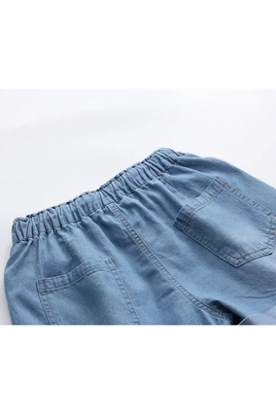 New Arrival Drawstring Cord Rolled Hem Cat Embroidered Loose Holiday Denim Shorts