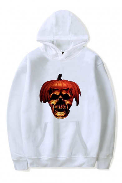 New Arrival Halloween Pumpkin Skull Printed Long Sleeve Casual Pullover Hoodie