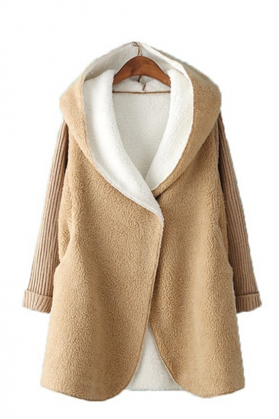 New Arrival Knitted Panel Long Sleeve Hooded Casual Appliqued Outerwear Coat