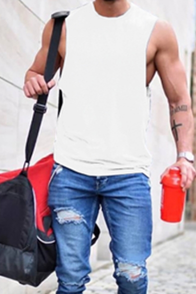 New Arrival Mens Simple Plain Sleeveless Round Neck Pullover Sport Tank Tee
