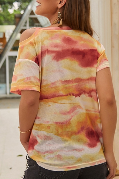 New Arrival Round Neck Short Sleeve Cutout Tie Dye Classic Knitted T Shirt
