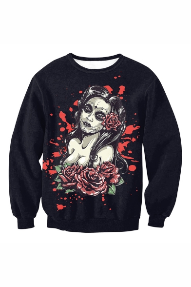 New Fashion A Sexy Girl Rose Blood 3D Printed Black Long Sleeve Round Neck Casual Loose Pullover Sweatshirts