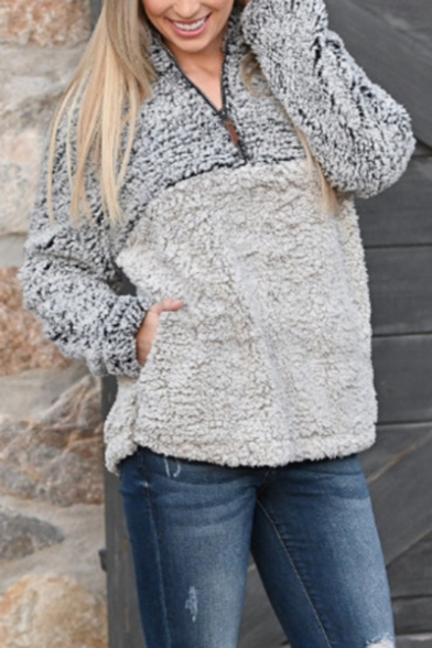 New Fashion Gray Half-Zip Stand Collar Long Sleeve Plain Warm Fluffy Sweatshirt