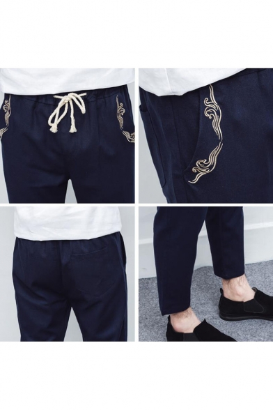 New Fashion Unique Embroidery Pattern Drawstring Waist Men's Casual Tapered Pants