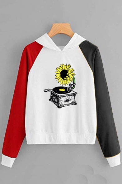 New Popular Color Block Long Sleeve Gramophone Sunflower Printed Unique Hoodie
