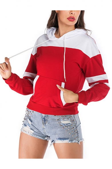 New Stylish Color Block Striped Print Long Sleeve Pocket Red Hoodie