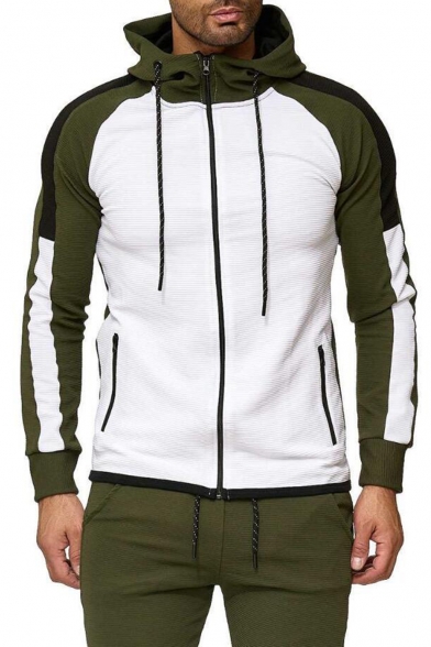 New Stylish Colorblock Patched Drawstring Hooded Long Sleeve Slim Fitted Casual Sports Zip Up Hoodie for Men