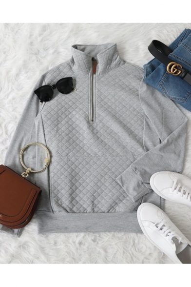New Stylish Gray Half-Zip Stand Collar Long Sleeve Plain Sweatshirt