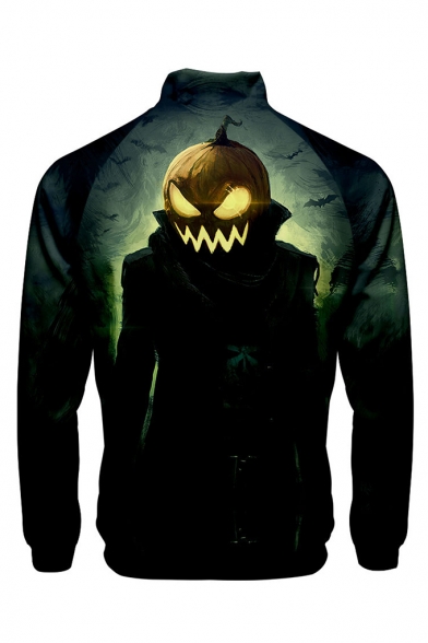 New Stylish Halloween Pumpkin Pattern Stand Collar Long Sleeve Black Baseball Jacket