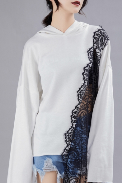 New Stylish Lace Patchwork Zippered Front Long Sleeve Long Loose Hoodie