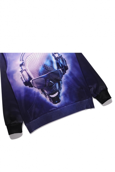 New Stylish Music Skull 3D Printed Long Sleeve Purple Drawstring Pullover Hoodie with Pocket
