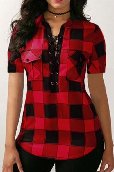 New Stylish Plaid Check Printed Short Sleeve Lace-Up Front Womens Fitted Blouse Top