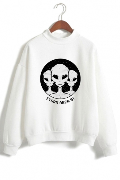 New Trendy Alien Letter Storm Area Printed Mock Neck Long Sleeve Pullover Sweatshirt