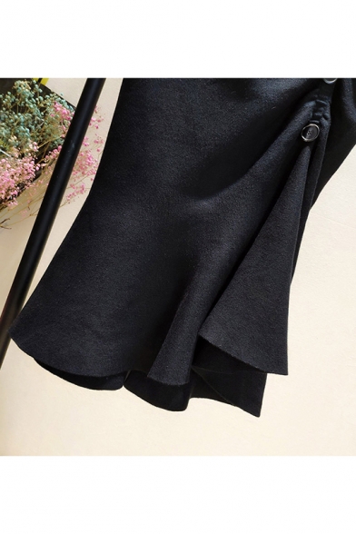 New Trendy Black High Waist Single Breasted Split Back Fishtail Hem Midi Knitted Skirt